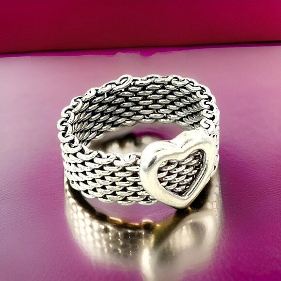 Tiffany & Co Estate Somerset Heart Ring Size 5.5 Sterling Silver 6.5 mm TIF690 - Picture 1 of 11